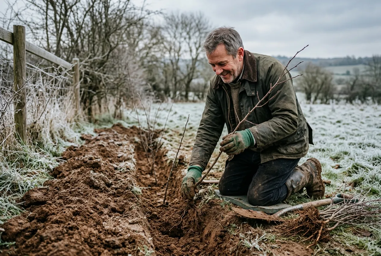 Native hedgerow species bare-root hawthorn whips being planted in a trench along a rural English garden boundary in winter