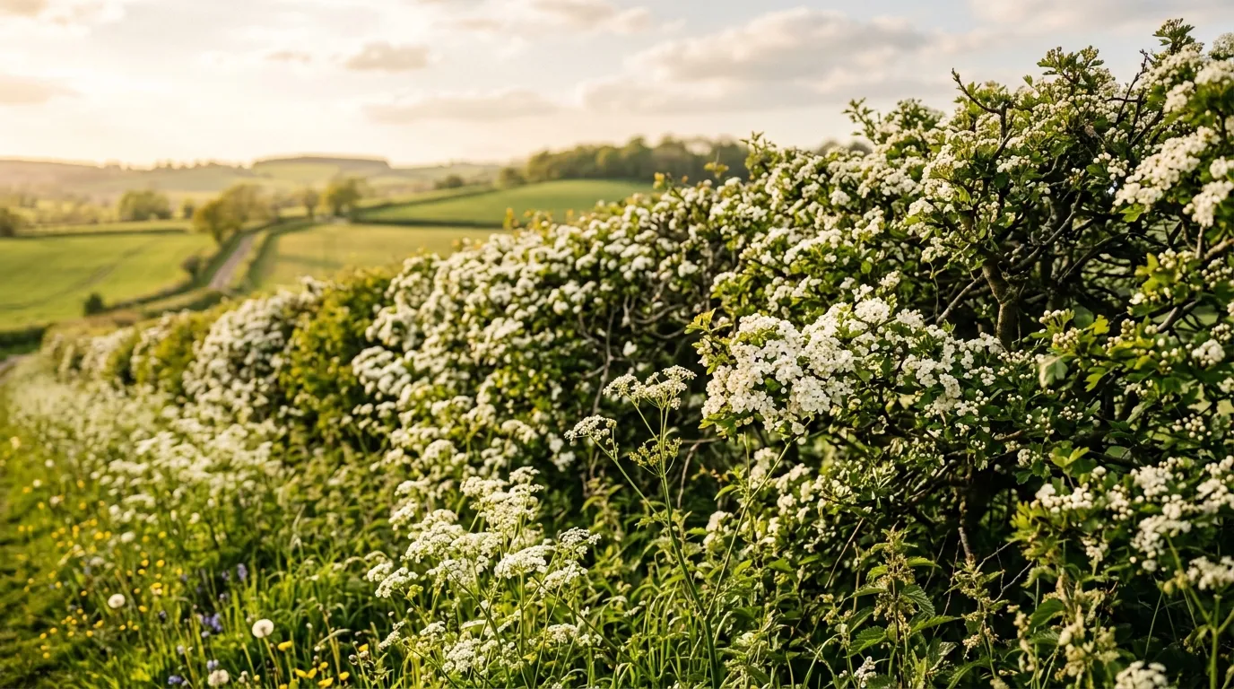 Native hedgerow species in bloom along an English countryside boundary with hawthorn flowers and cow parsley
