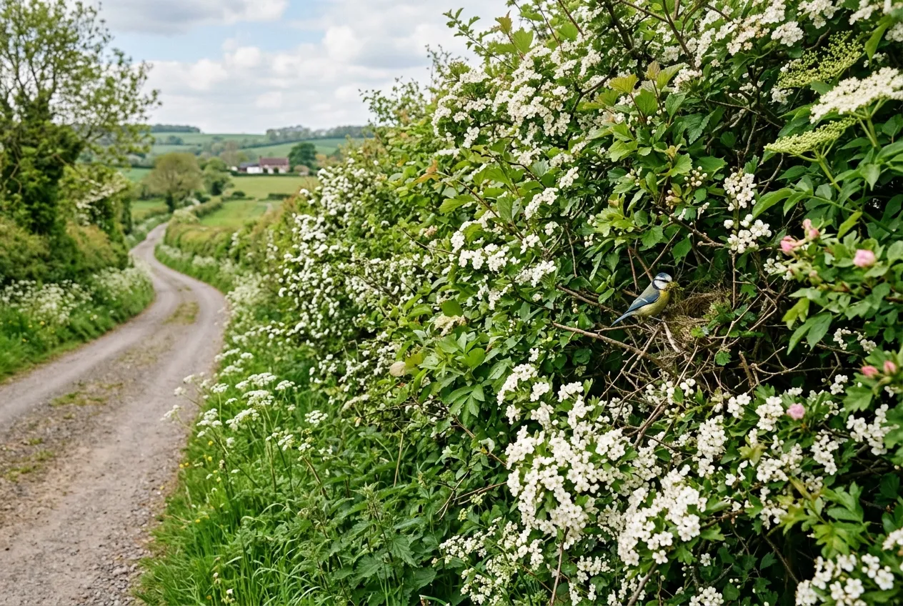 UK native plants mixed hedgerow with hawthorn and blackthorn blossom in spring