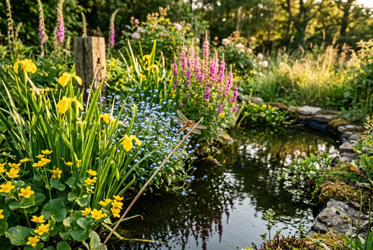 UK native plants wildlife pond with flag iris and marsh marigold in a garden setting