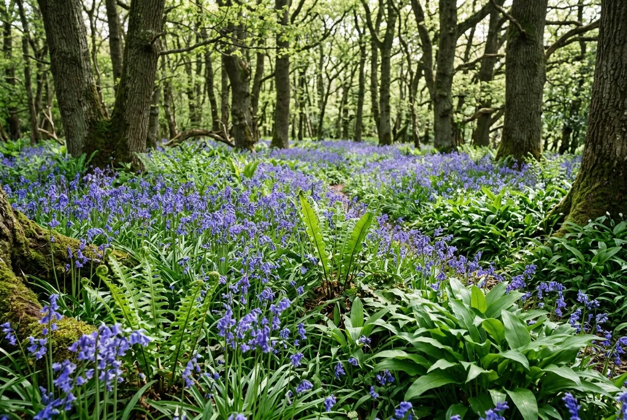 UK native plants woodland floor with bluebells and ferns under deciduous canopy in spring
