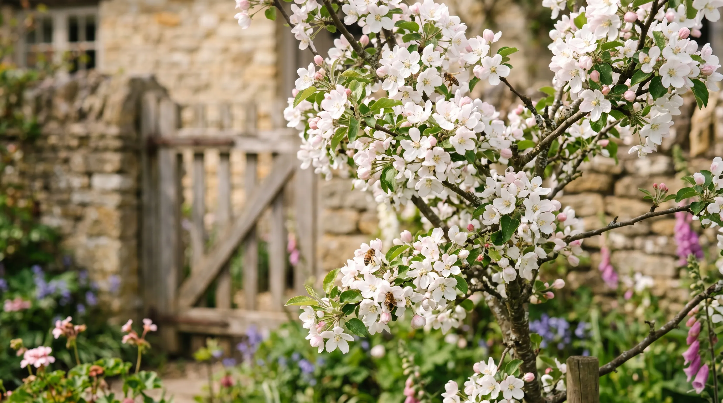 Small native crab apple tree in full white and pink blossom with bees in a UK cottage garden