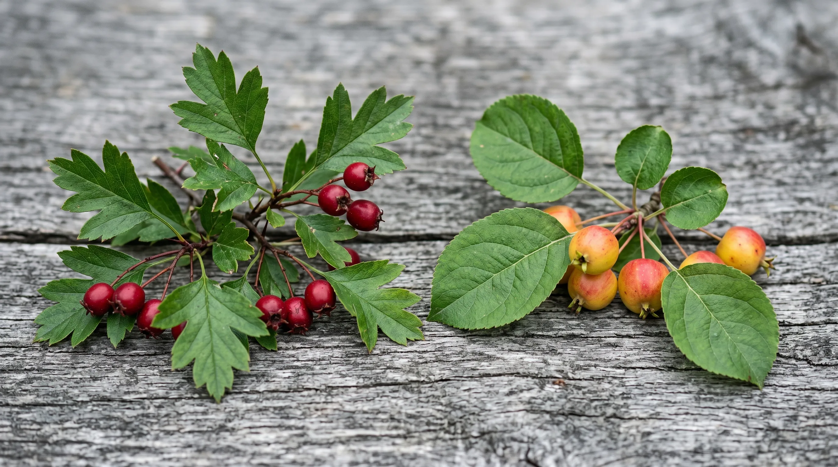 Hawthorn and crab apple cuttings laid side by side on weathered wood for identification, showing different berries and leaves