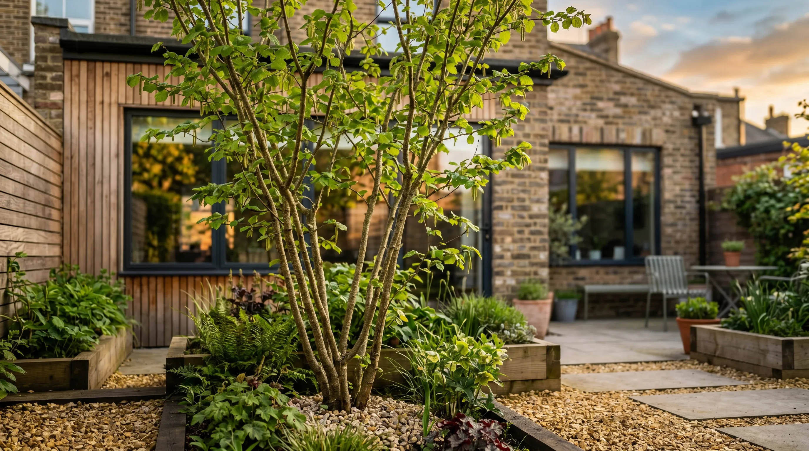 Multi-stemmed native hazel tree used as a feature in a contemporary UK town courtyard garden with gravel and raised beds