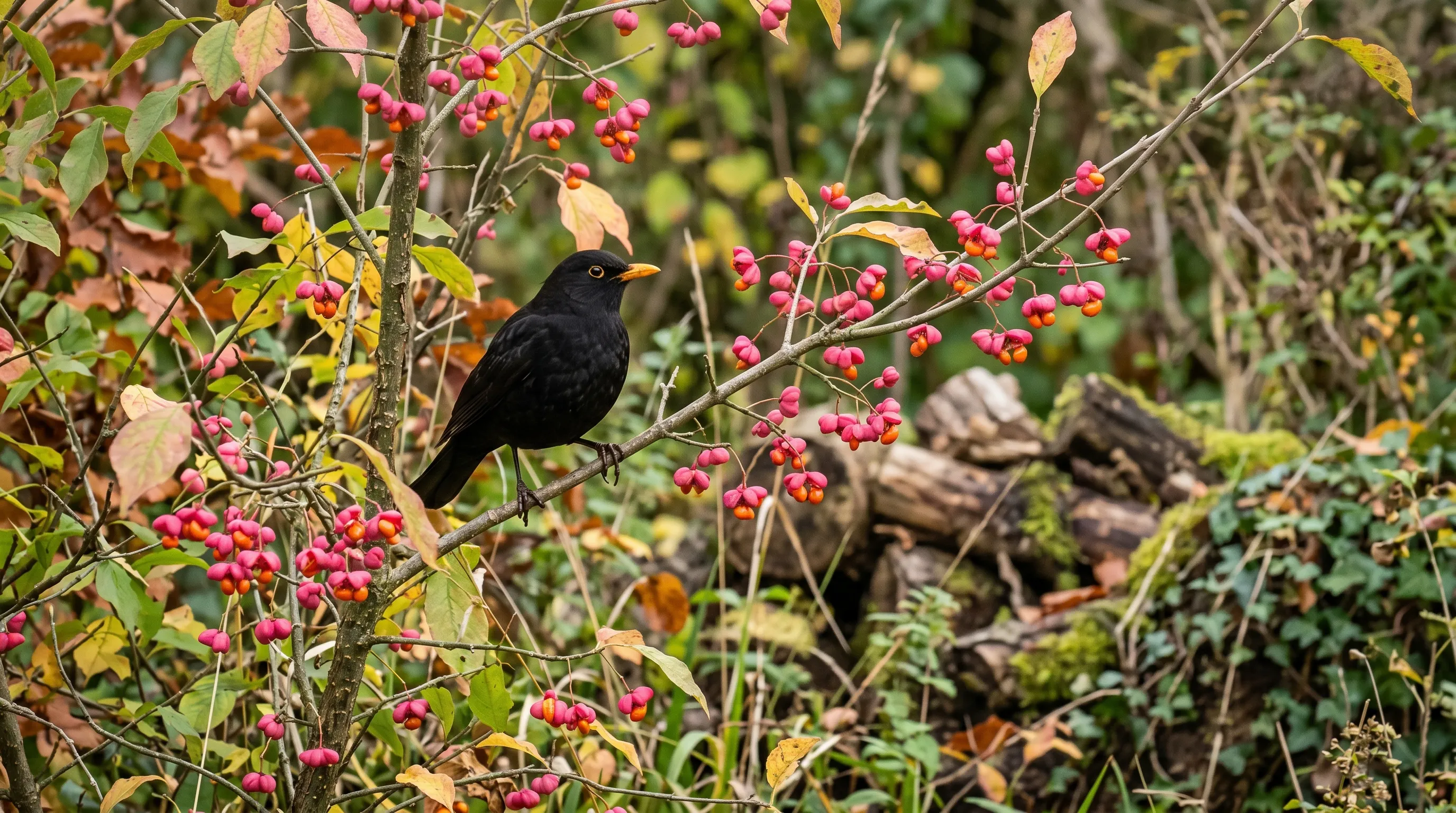 Blackbird perched on a small native spindle tree showing its bright pink seed capsules in a UK wildlife garden in autumn