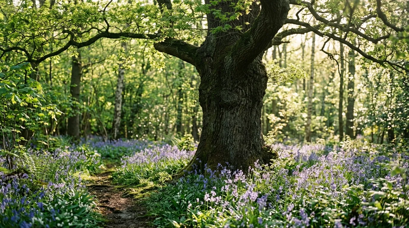 Mature native English oak tree in a UK woodland garden with bluebells beneath