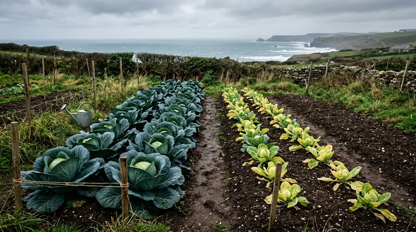 Comparison row of cabbages fed with seaweed lush dark green next to unfed yellowing row in Cornish coastal vegetable plot