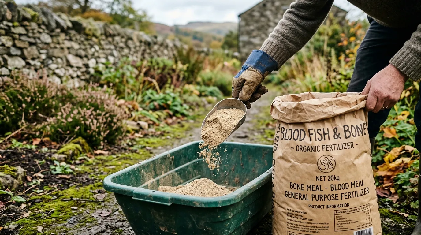 UK gardener gloved hand scooping powdery blood fish and bone fertiliser from open paper sack into green garden trug