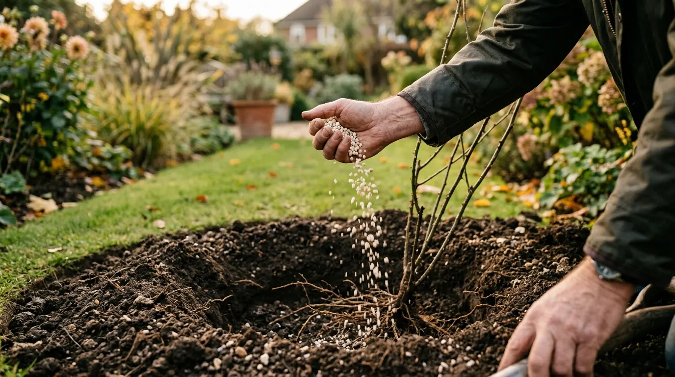 Man's hand scattering cream-white bone meal granules into a deep planting hole for a bare-root rose in suburban Hampshire border