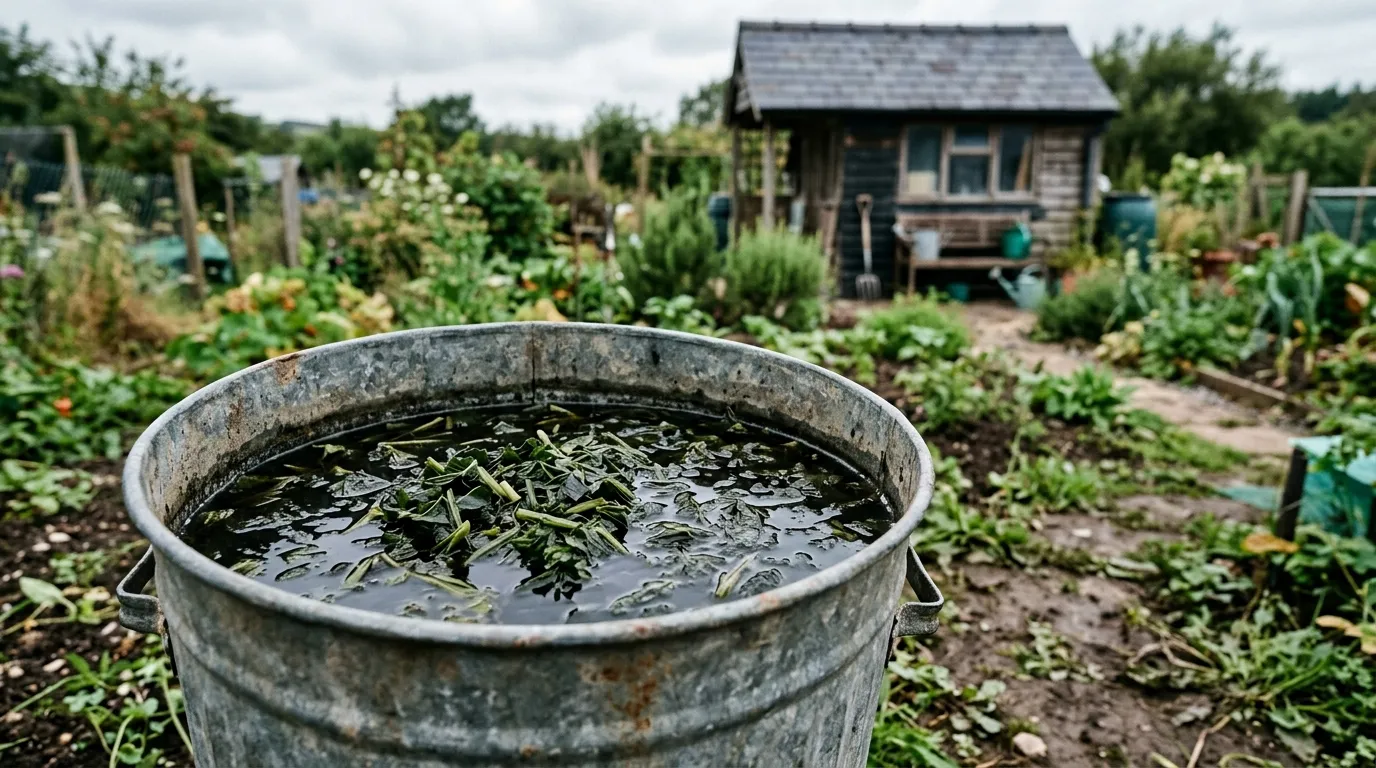Black liquid comfrey tea steeping in old galvanised dustbin with chopped comfrey leaves Welsh allotment shed background
