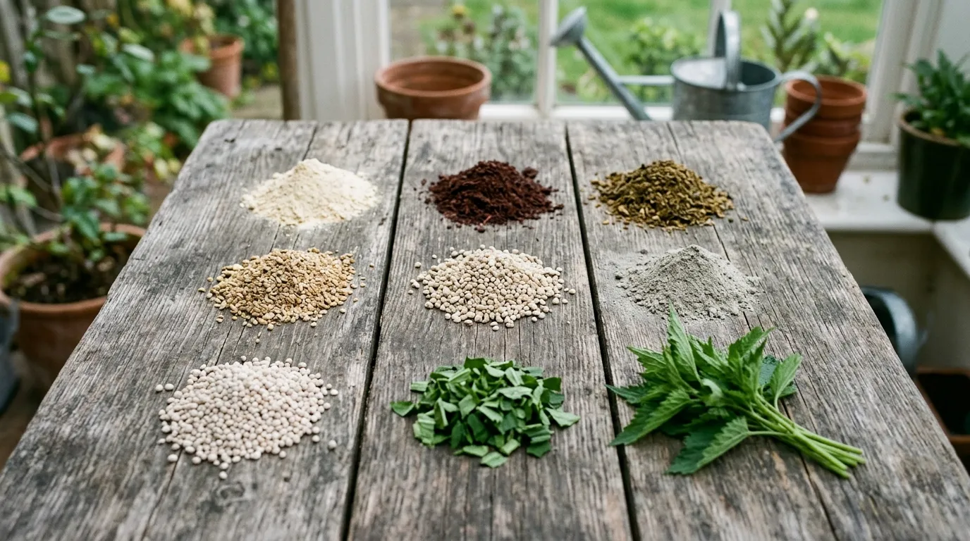 Nine natural organic fertilisers UK flat-lay including bone meal seaweed comfrey nettle and fish blood and bone