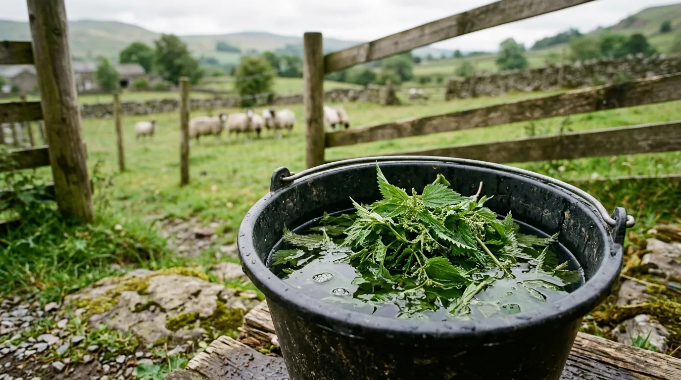 Fresh young nettle tops in bucket of water beginnings of nettle tea Cumbrian smallholding fence
