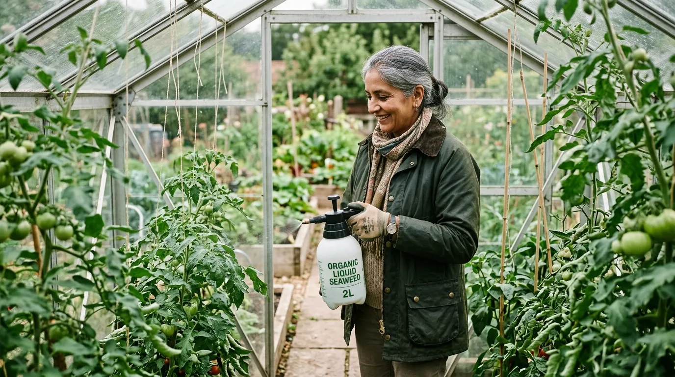 British woman in green wax jacket spraying liquid seaweed onto tomato plants in cool aluminium greenhouse Norfolk vegetable plot