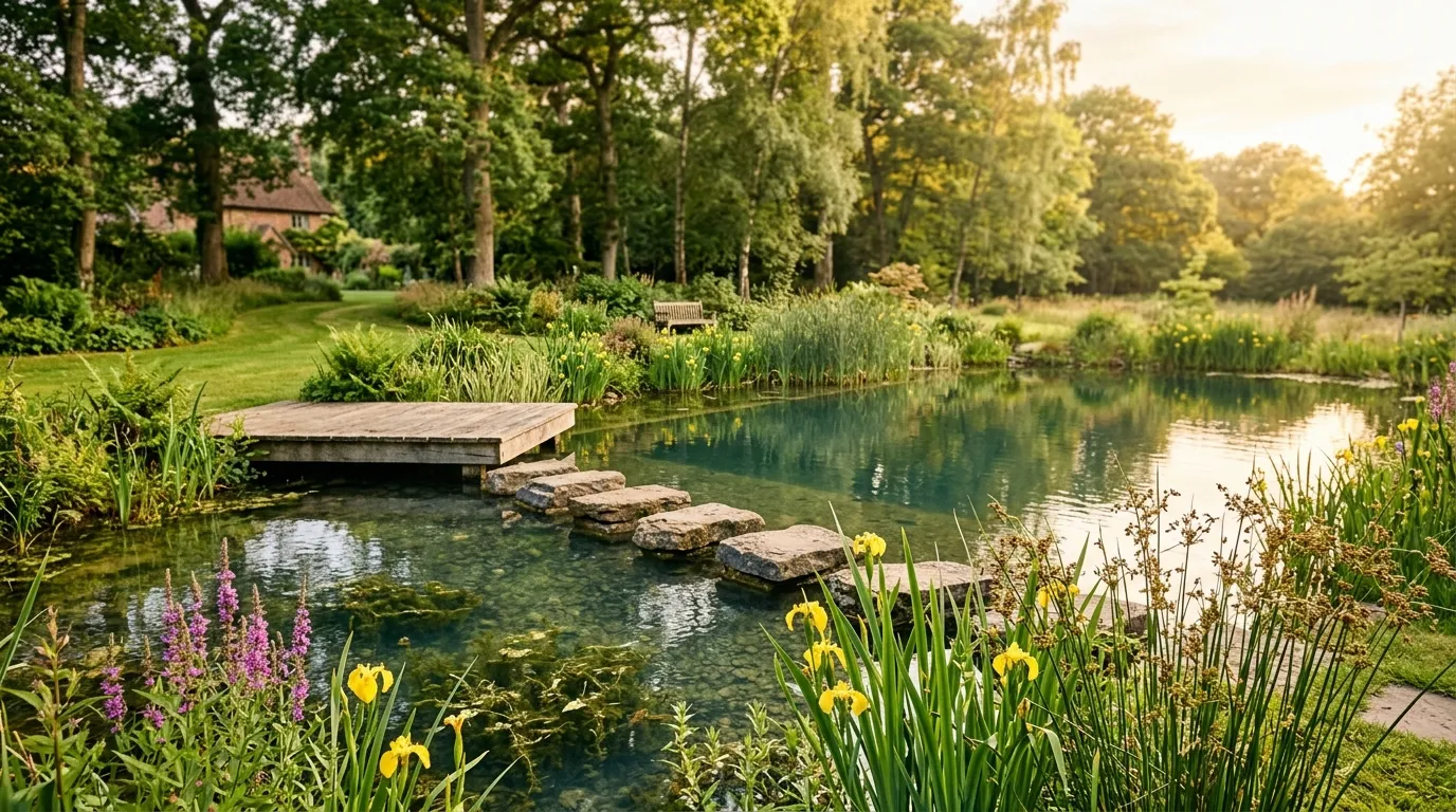 Natural swimming pond with clear water and marginal planting in a UK garden with wooden deck and stepping stones