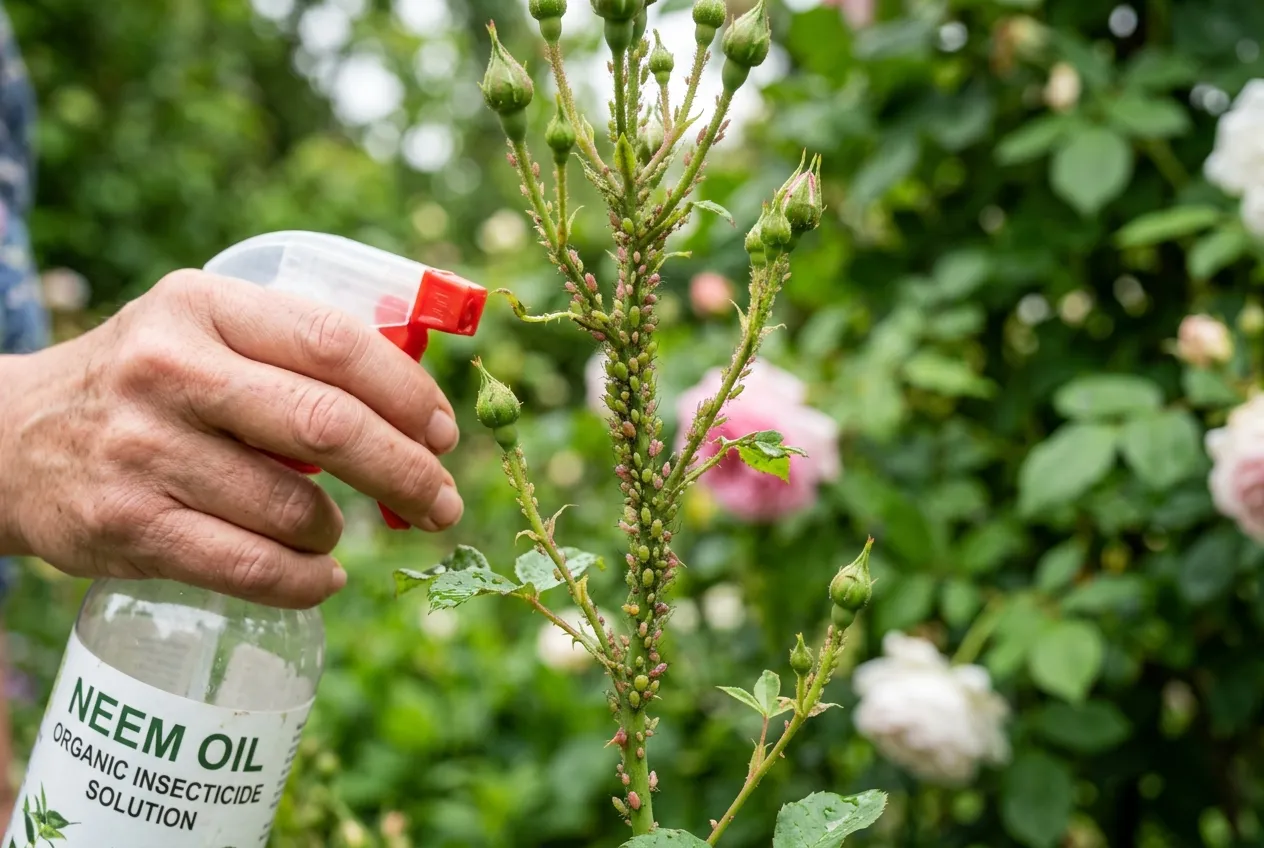 Close-up of aphids on a rose stem being treated with neem oil spray