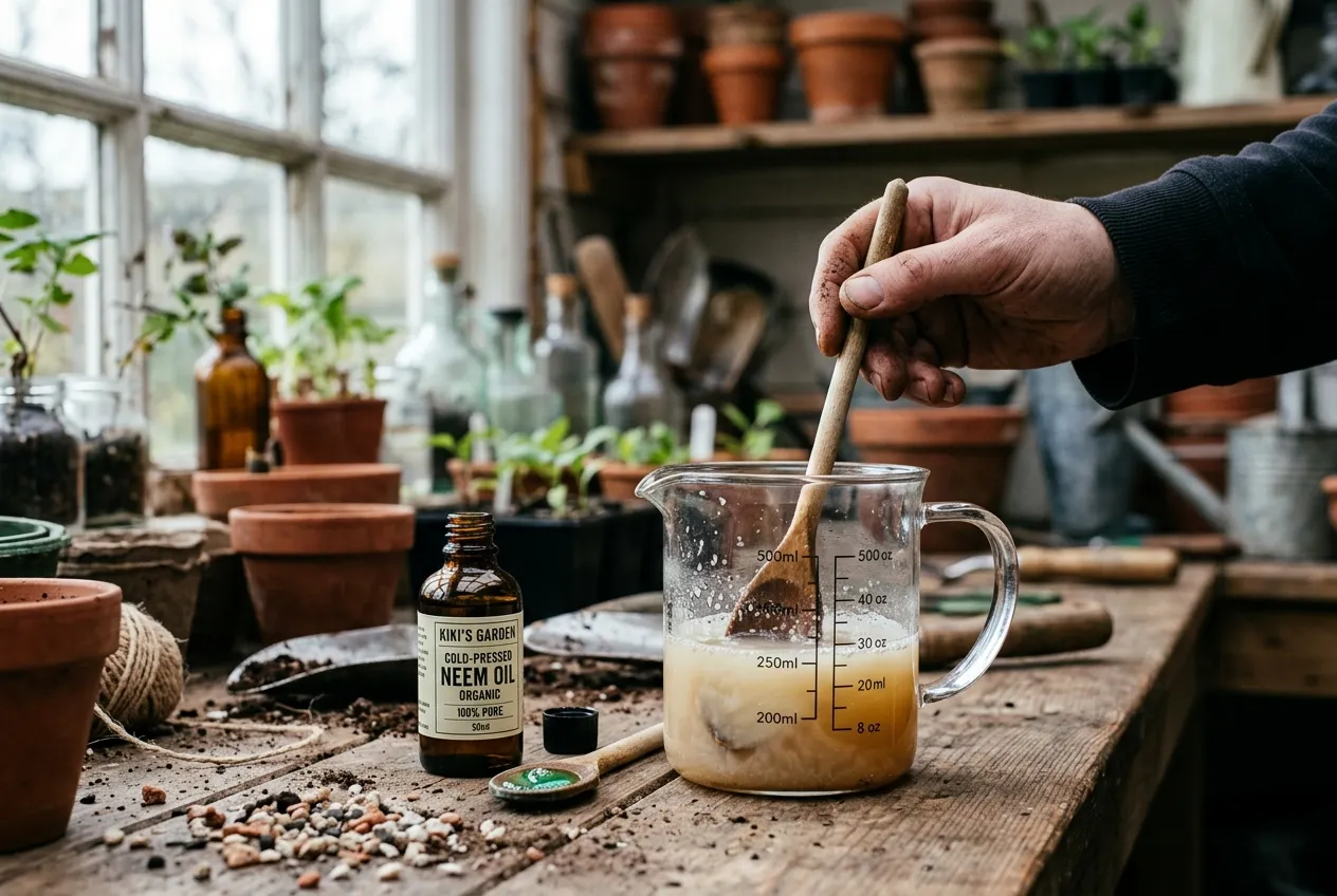 Neem oil being mixed with water in a glass measuring jug on a potting bench
