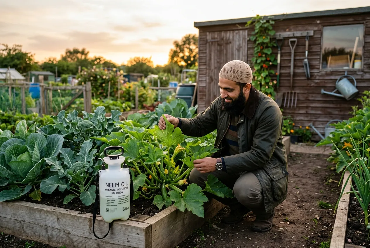 Neem oil being used on vegetable plants in a UK allotment setting