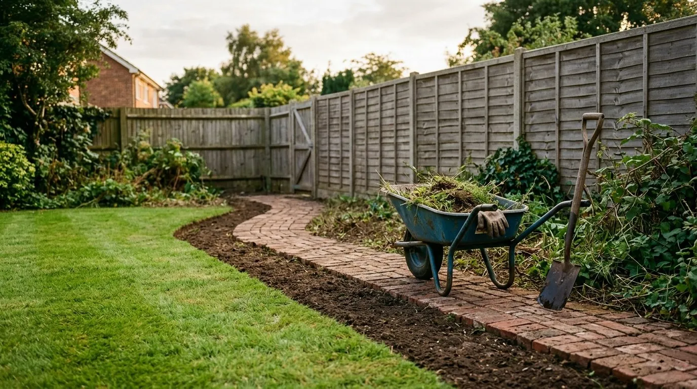 A part-cleared UK garden showing a reclaimed brick path and tidy edges emerging from earlier overgrowth, with a wheelbarrow and tools beside a cleared border