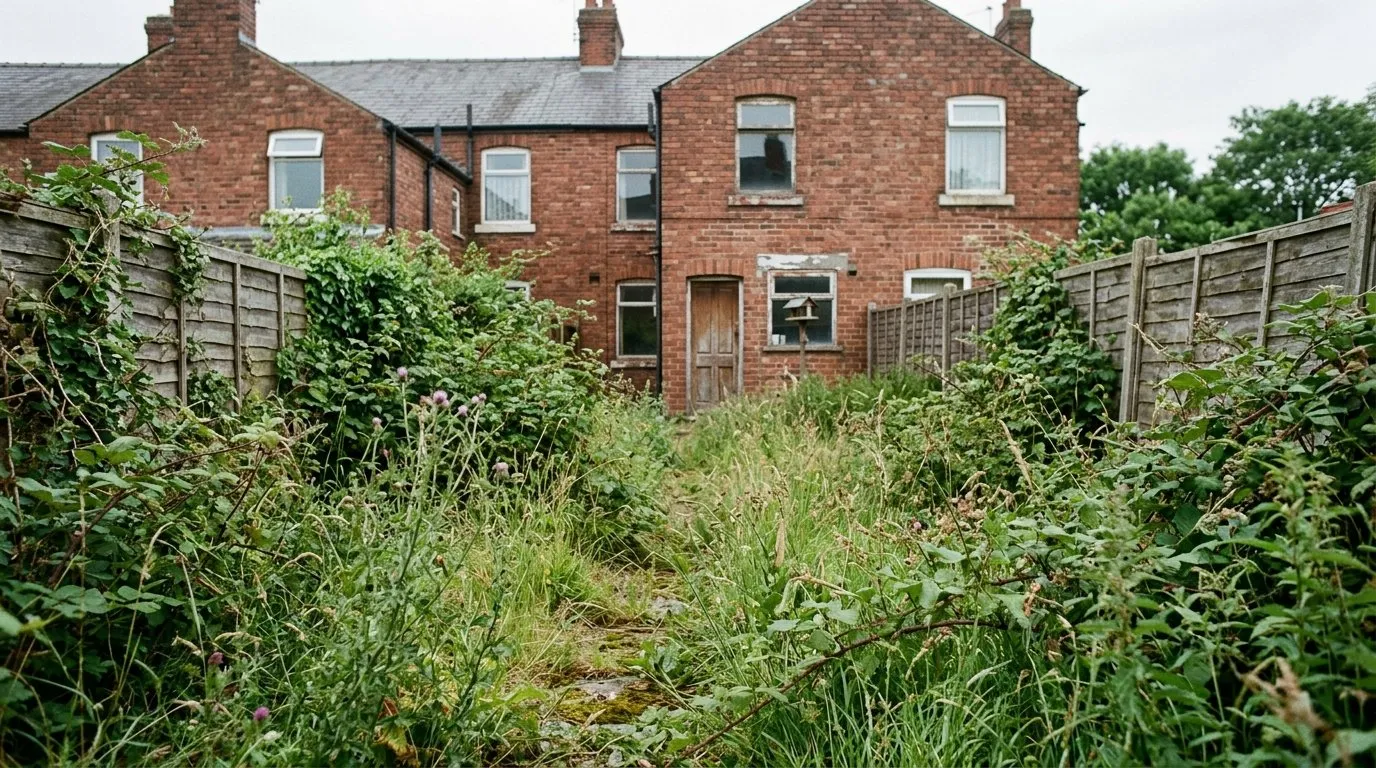 An overgrown neglected UK back garden waist-high in weeds and rough grass behind a suburban terraced house in early summer