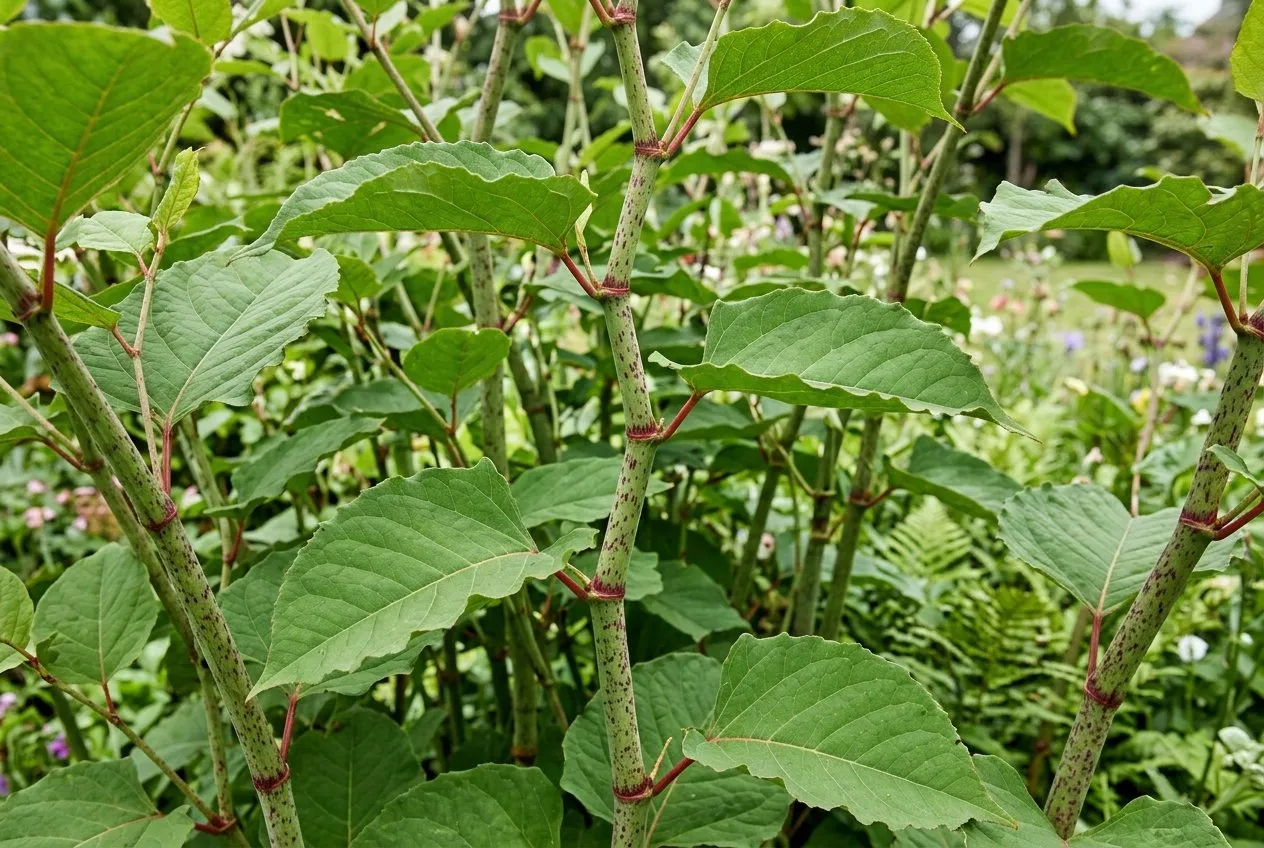 A close-up of Japanese knotweed showing bamboo-like hollow stems with zigzag nodes and broad shovel-shaped green leaves in a UK garden in June