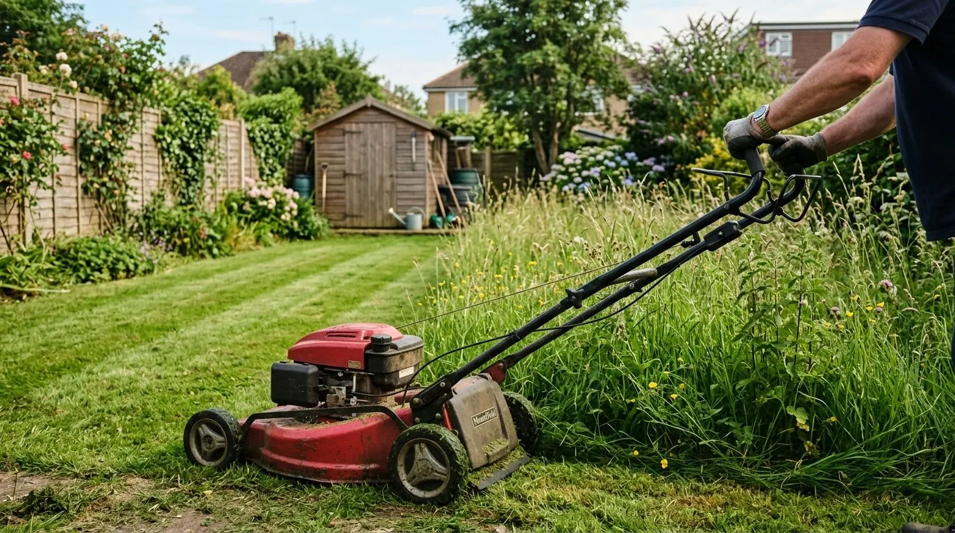 A UK gardener mowing a strip of rough waist-high grass in a suburban garden, showing the cut lawn emerging behind the mower in summer