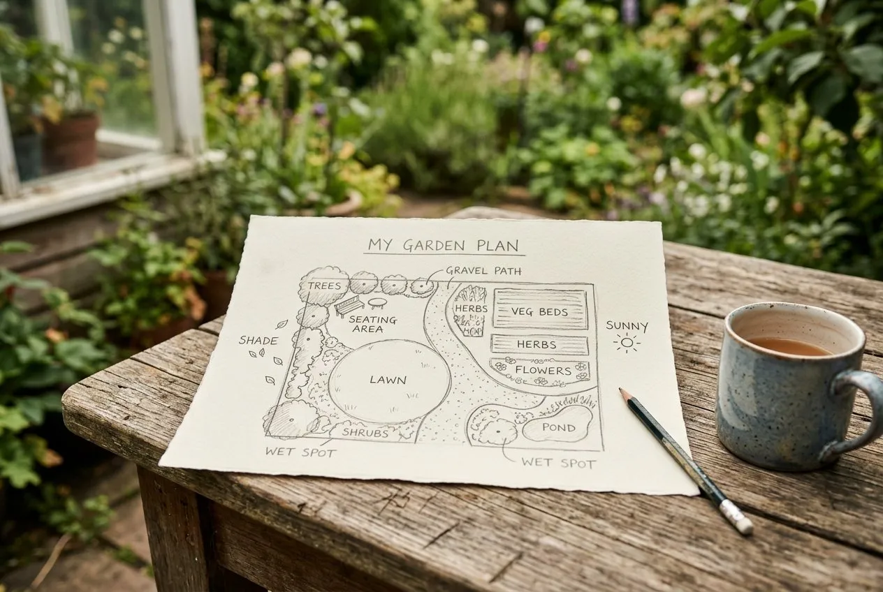 A simple hand-drawn garden plan on paper resting on a wooden table, sketching beds, a path, a lawn and a seating area with pencil notes for sun and shade