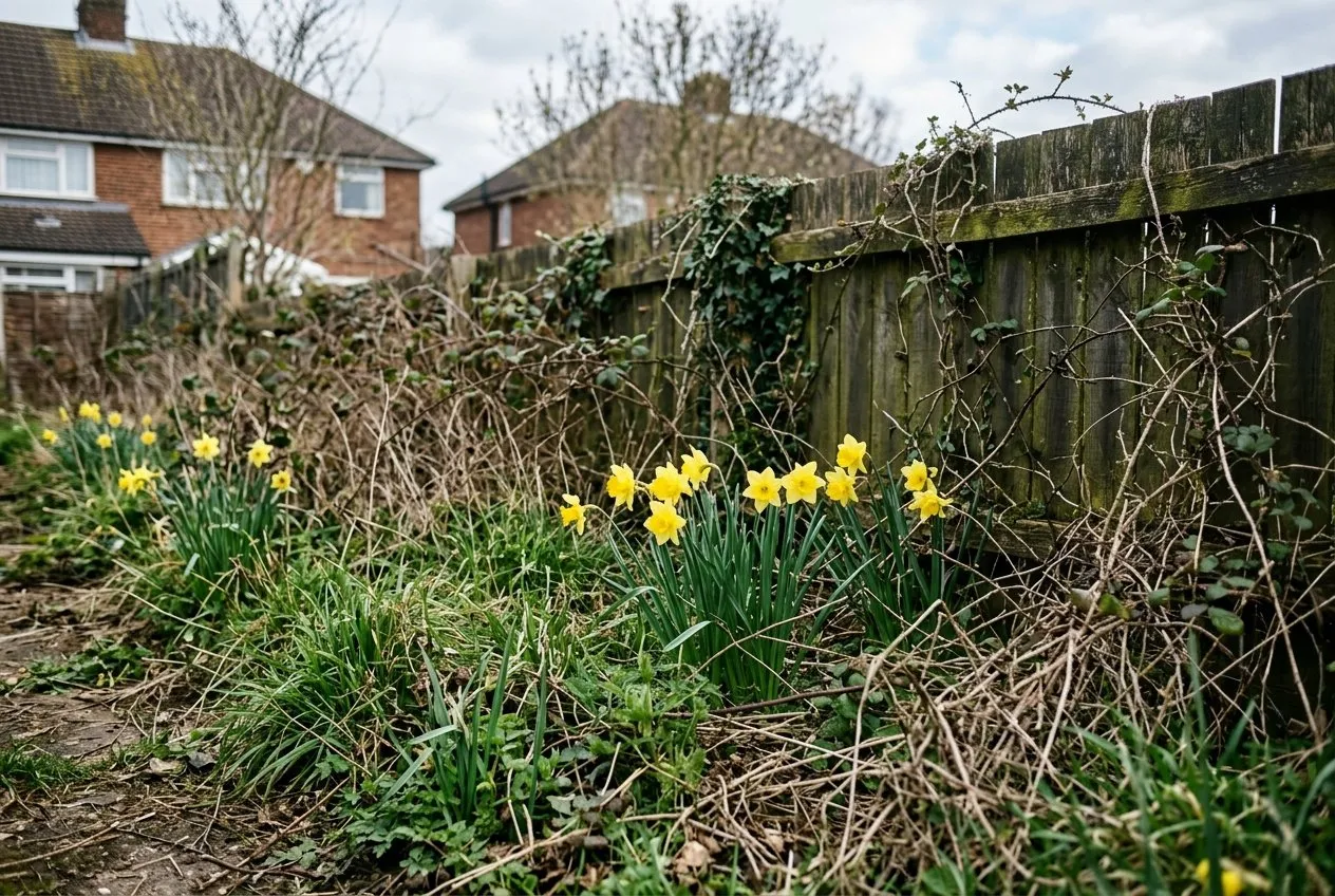 An overgrown neglected suburban UK garden in early spring with daffodils pushing up through long rough grass and brambles along a wooden fence