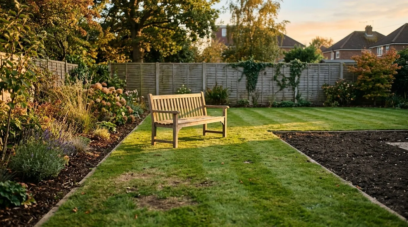 A tidy but unfinished rescued UK garden showing a mown lawn, cleared edged borders and a single bench in evening sun, with some areas still bare