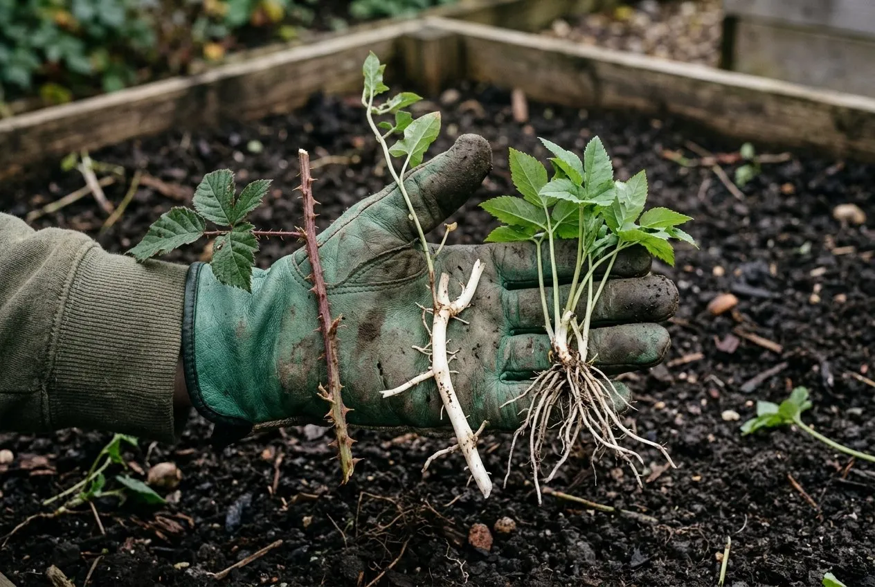 A pair of UK gardener's hands holding three common garden weeds side by side: a bramble cane, a length of white bindweed root and a clump of ground elder