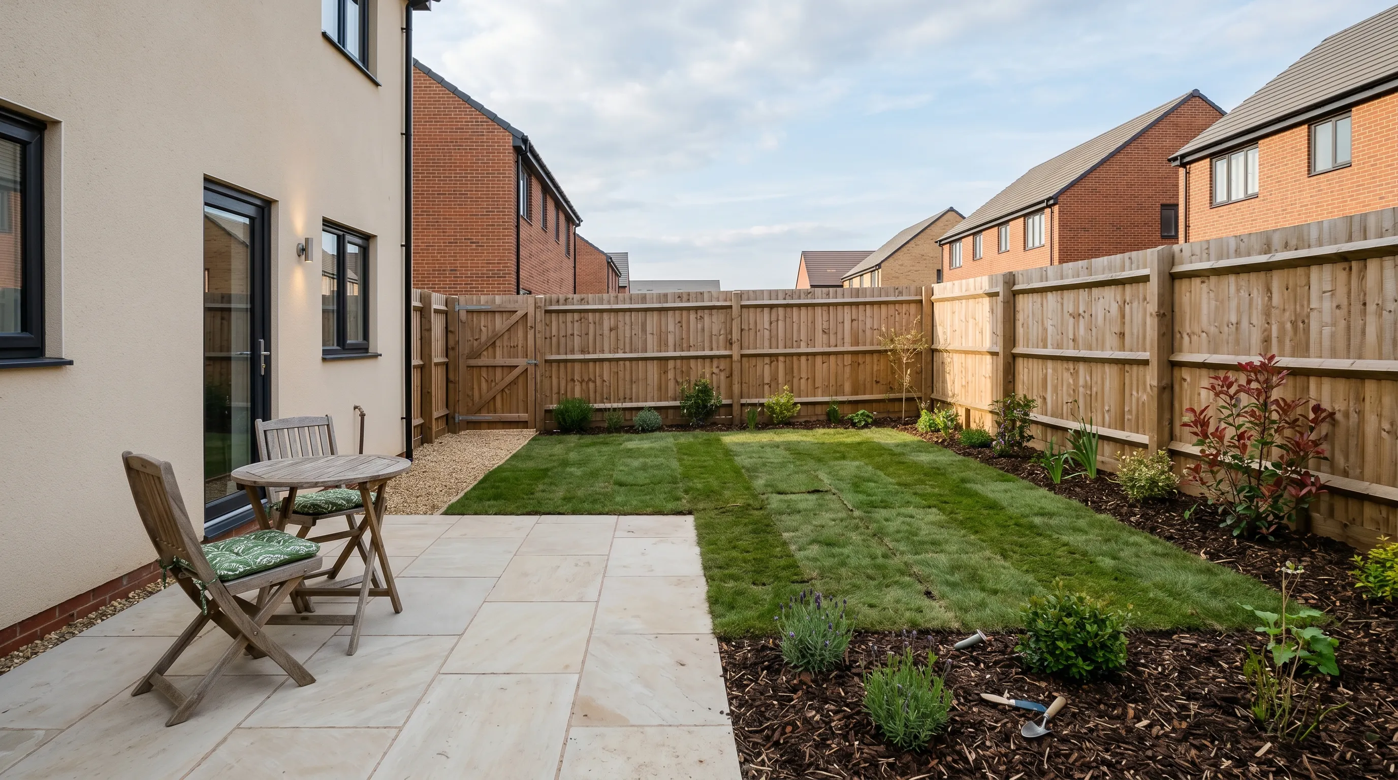 A newly handed-over UK new-build garden with fresh patio, sparse young shrubs in mulched beds, and visible turf joins on a recently laid lawn