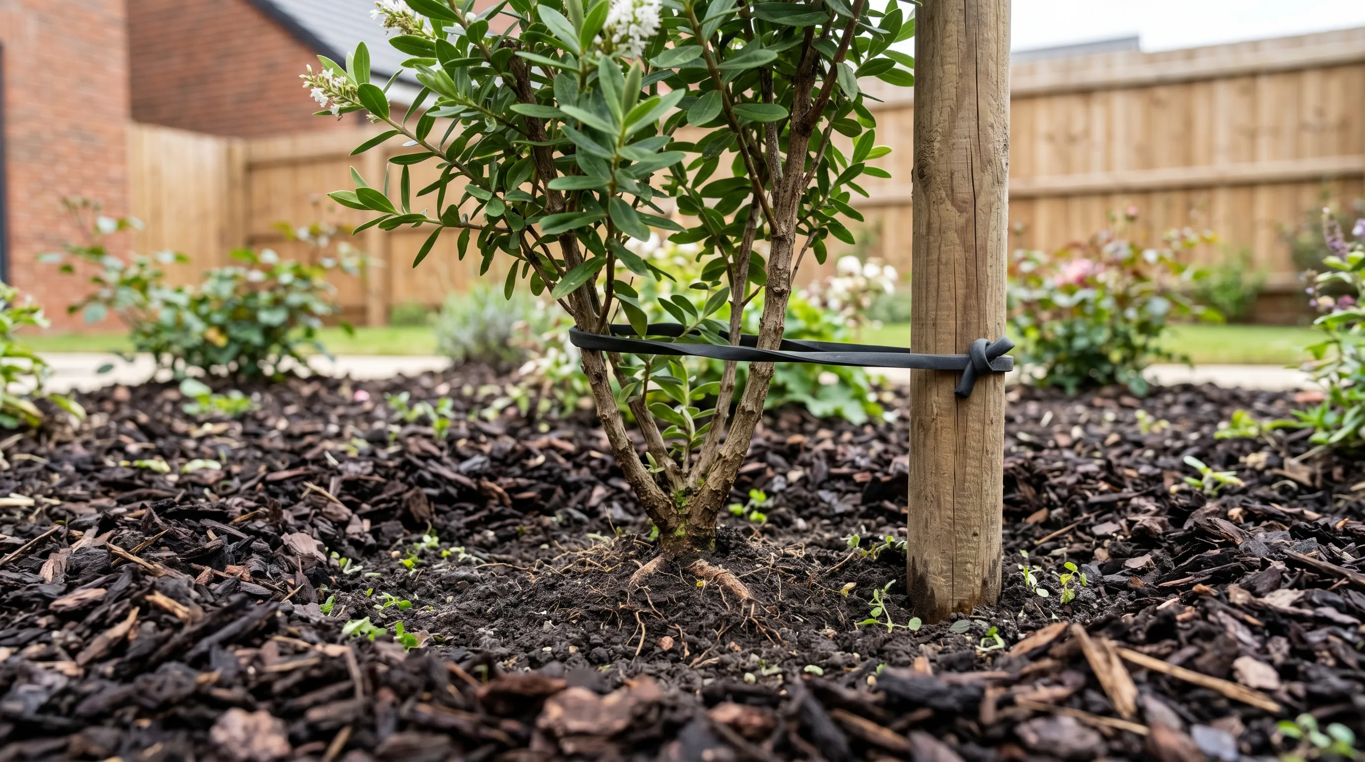 A young recently-planted shrub in a UK new-build garden bed showing the root crown level with surrounding soil, 5cm dark composted bark mulch kept clear of the stem, and a wooden support stake with a soft rubber tree tie