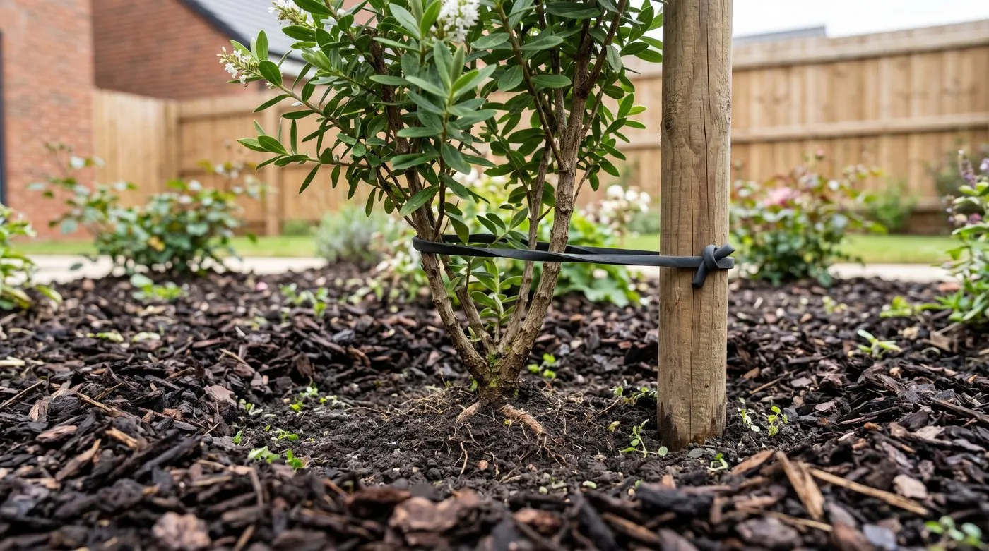 A young recently-planted shrub in a UK new-build garden bed showing the root crown level with surrounding soil, 5cm dark composted bark mulch kept clear of the stem, and a wooden support stake with a soft rubber tree tie