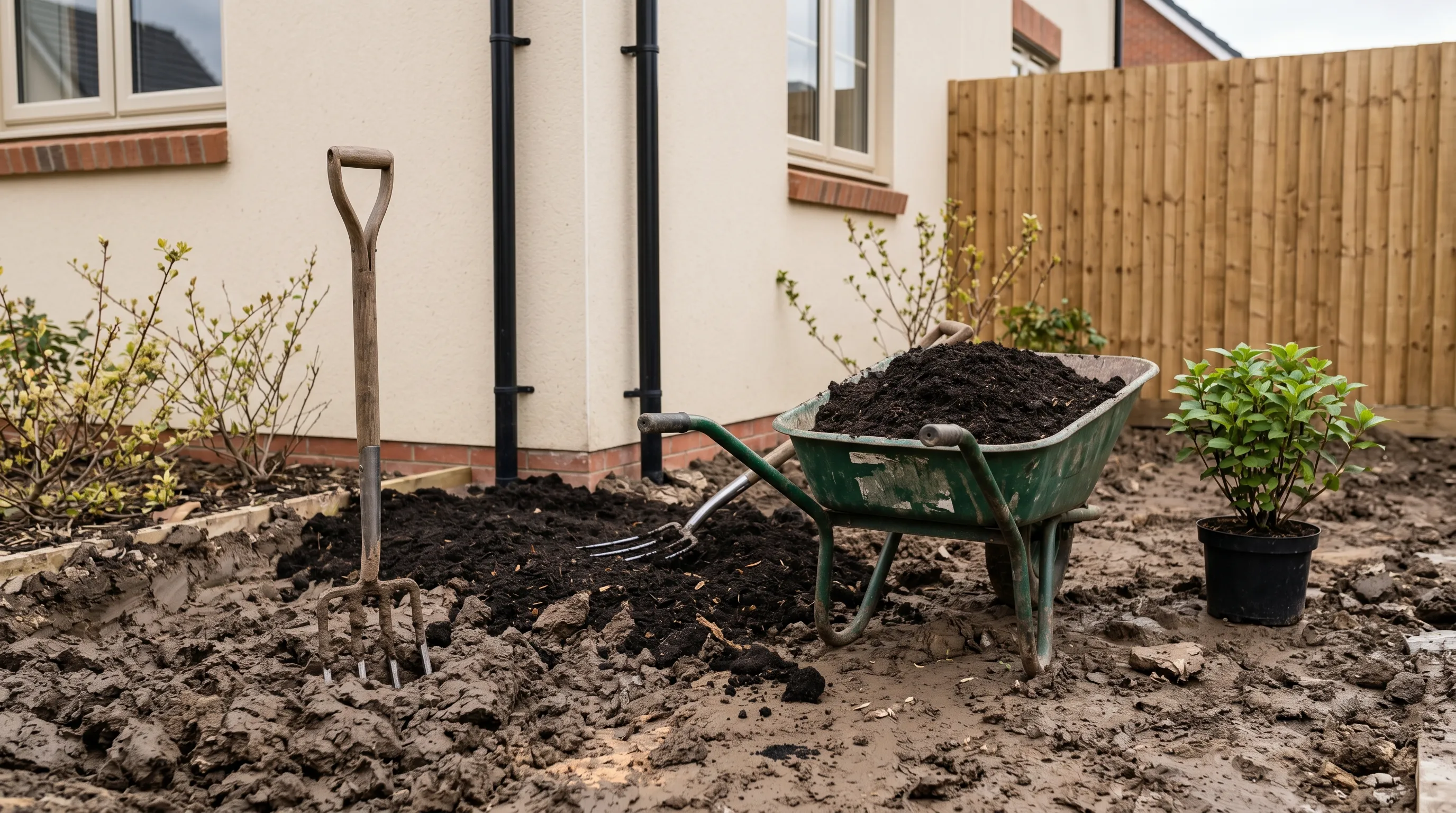 A garden fork stands in dark heavy clay soil in a new-build UK garden bed with a wheelbarrow of dark compost beside being forked into the bed and a new shrub waiting to be planted