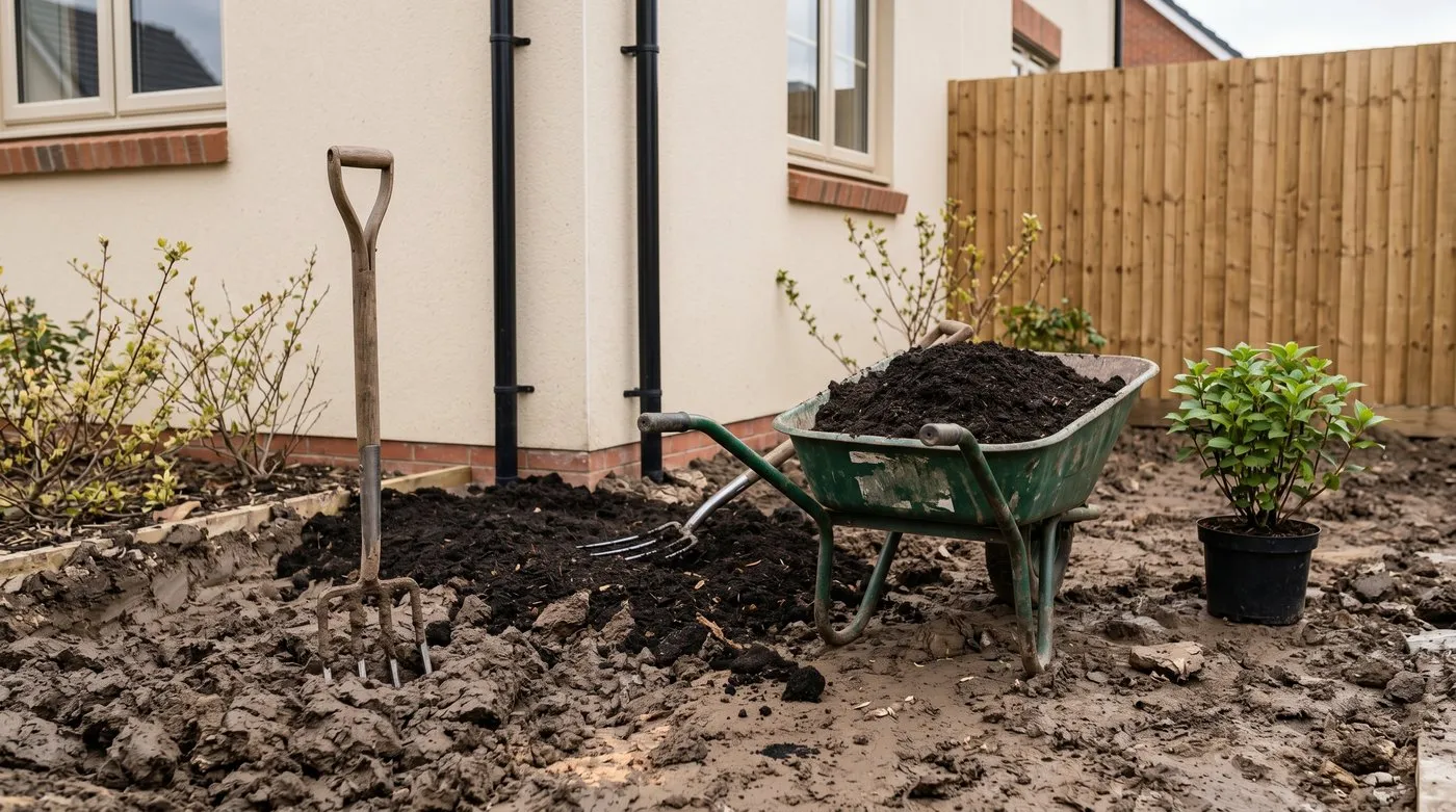 A garden fork stands in dark heavy clay soil in a new-build UK garden bed with a wheelbarrow of dark compost beside being forked into the bed and a new shrub waiting to be planted
