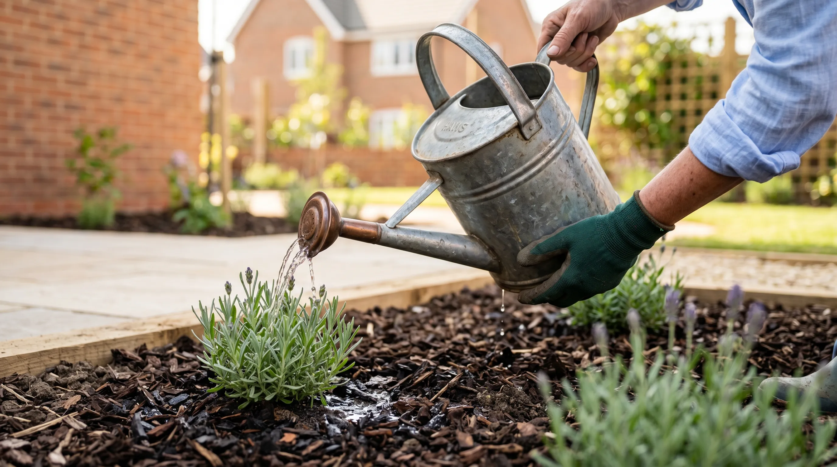 A galvanised watering can being used to slowly soak the base of a young recently-planted lavender in a new-build garden bed with bark mulch over fresh topsoil