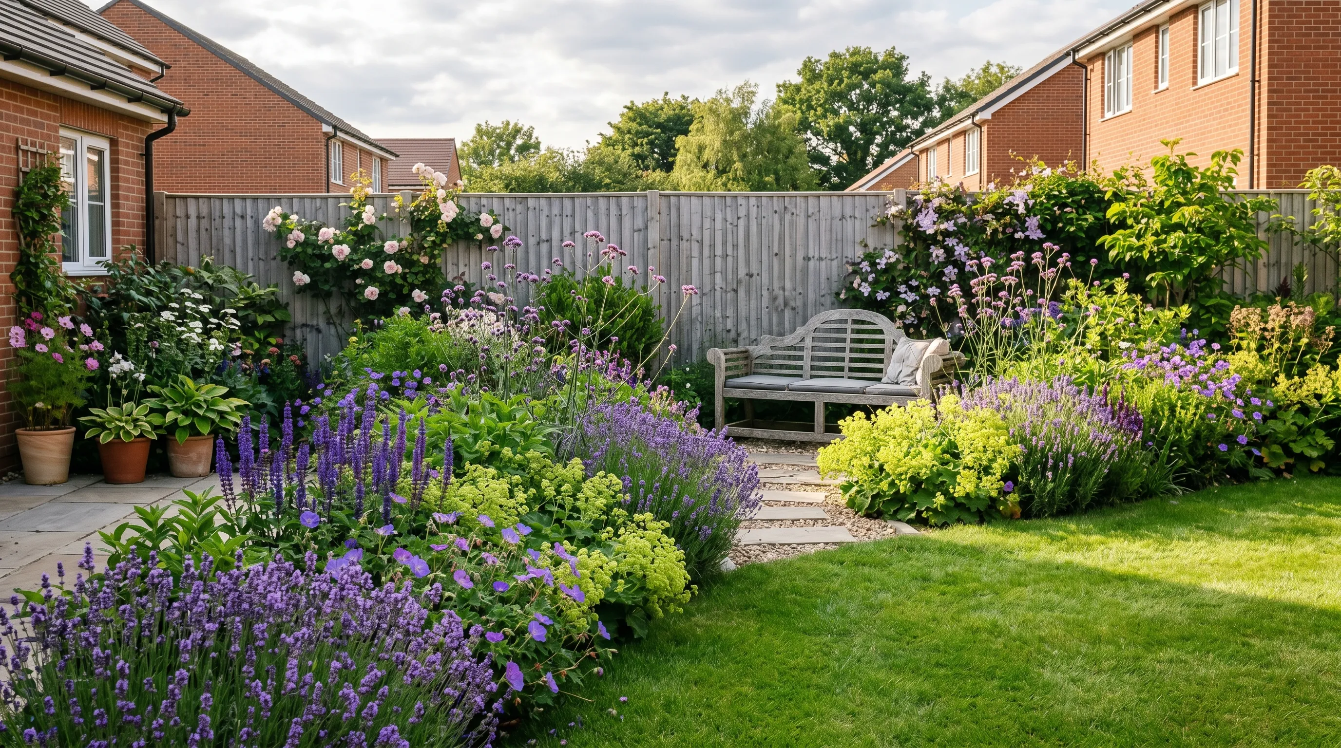 A UK new-build garden in its third year showing established planting filling out the beds with lavender, salvia, geranium, alchemilla and verbena bonariensis in soft late afternoon summer light