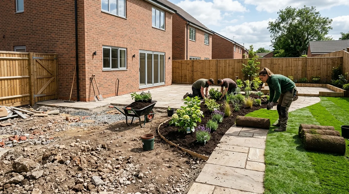New build garden being transformed from bare rubble into a real UK garden