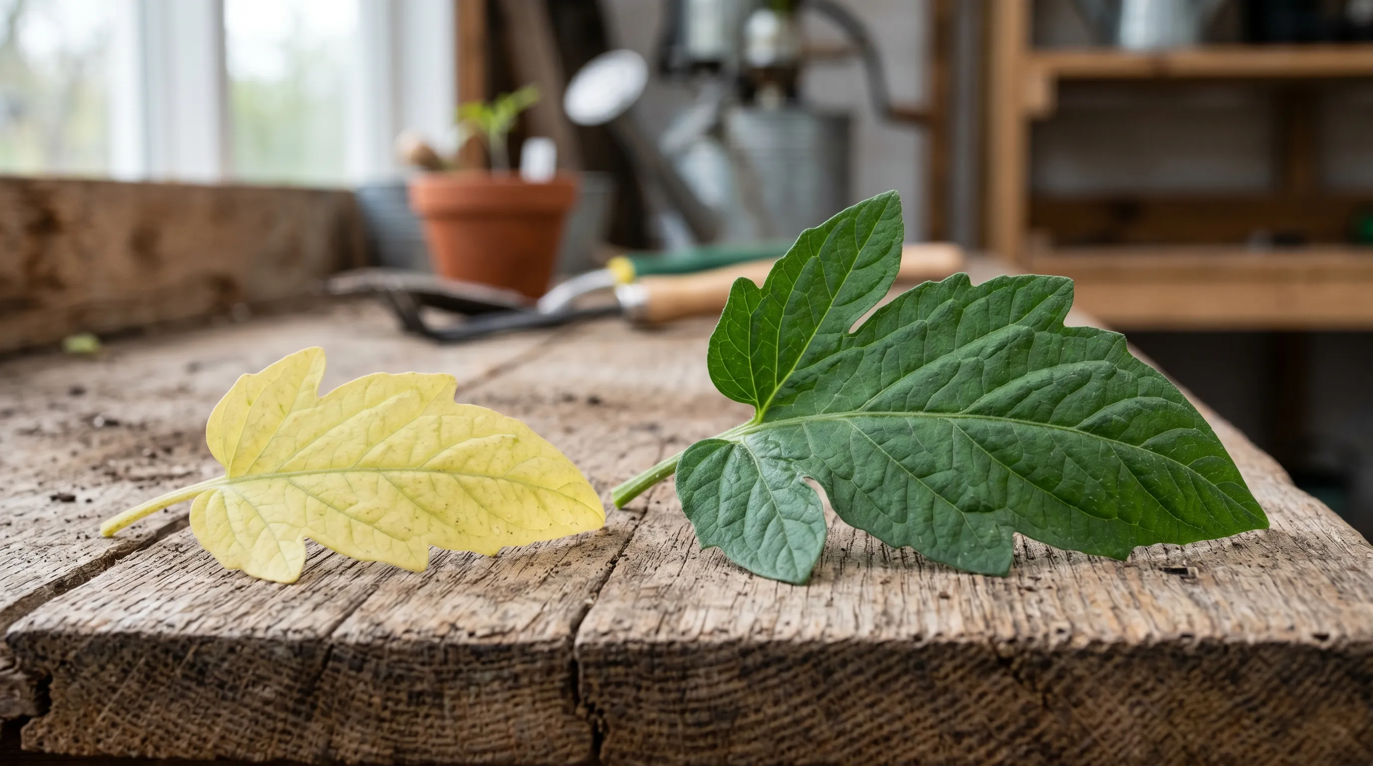 Yellow nitrogen-deficient tomato leaf beside a healthy dark green tomato leaf for comparison on a wooden potting bench