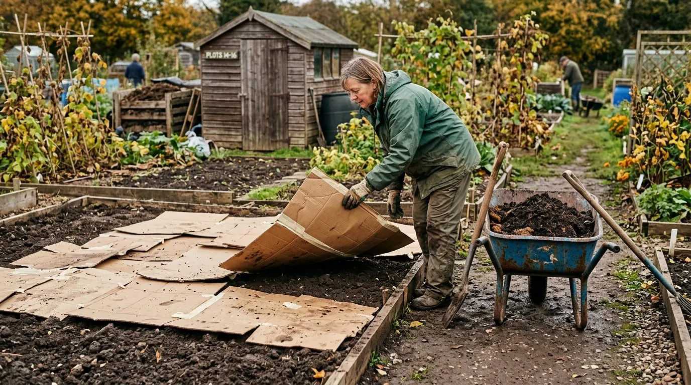 Cardboard sheet mulch being laid on grass as the first step of creating a no-dig bed