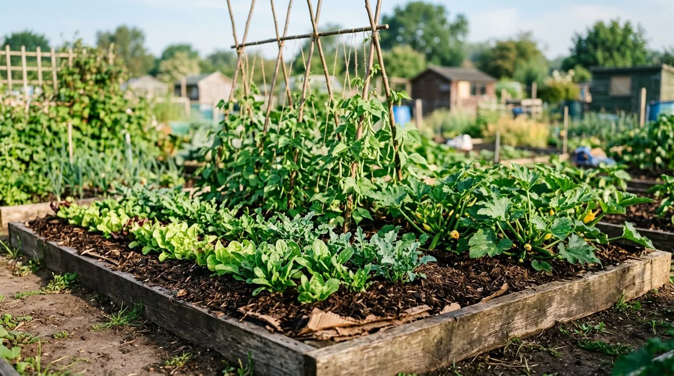 No-dig vegetable garden bed with layers of compost mulch on a British allotment