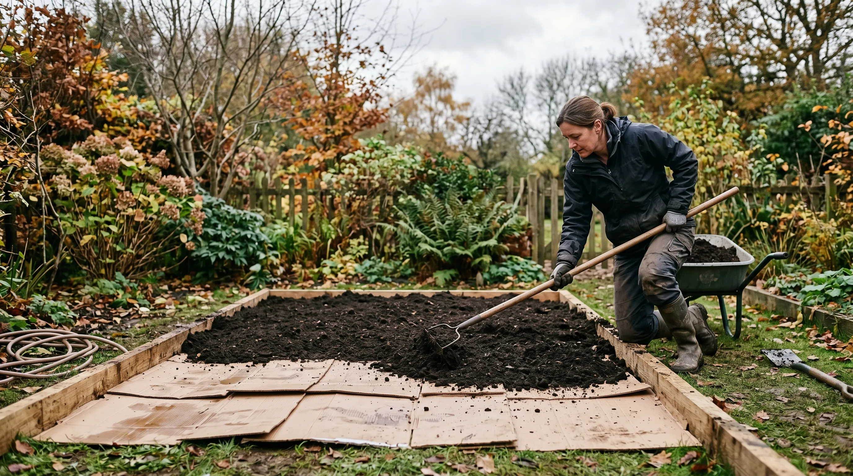 Garden no-dig bed setup showing cardboard underlay before thick compost mulch on heavy clay UK ground