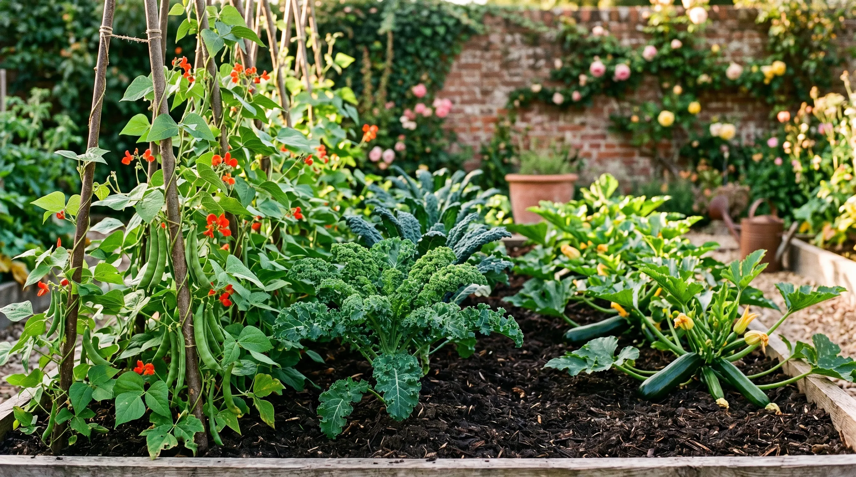 No-dig heavy clay soil bed with thick compost mulch and ripening summer vegetables in a UK kitchen garden