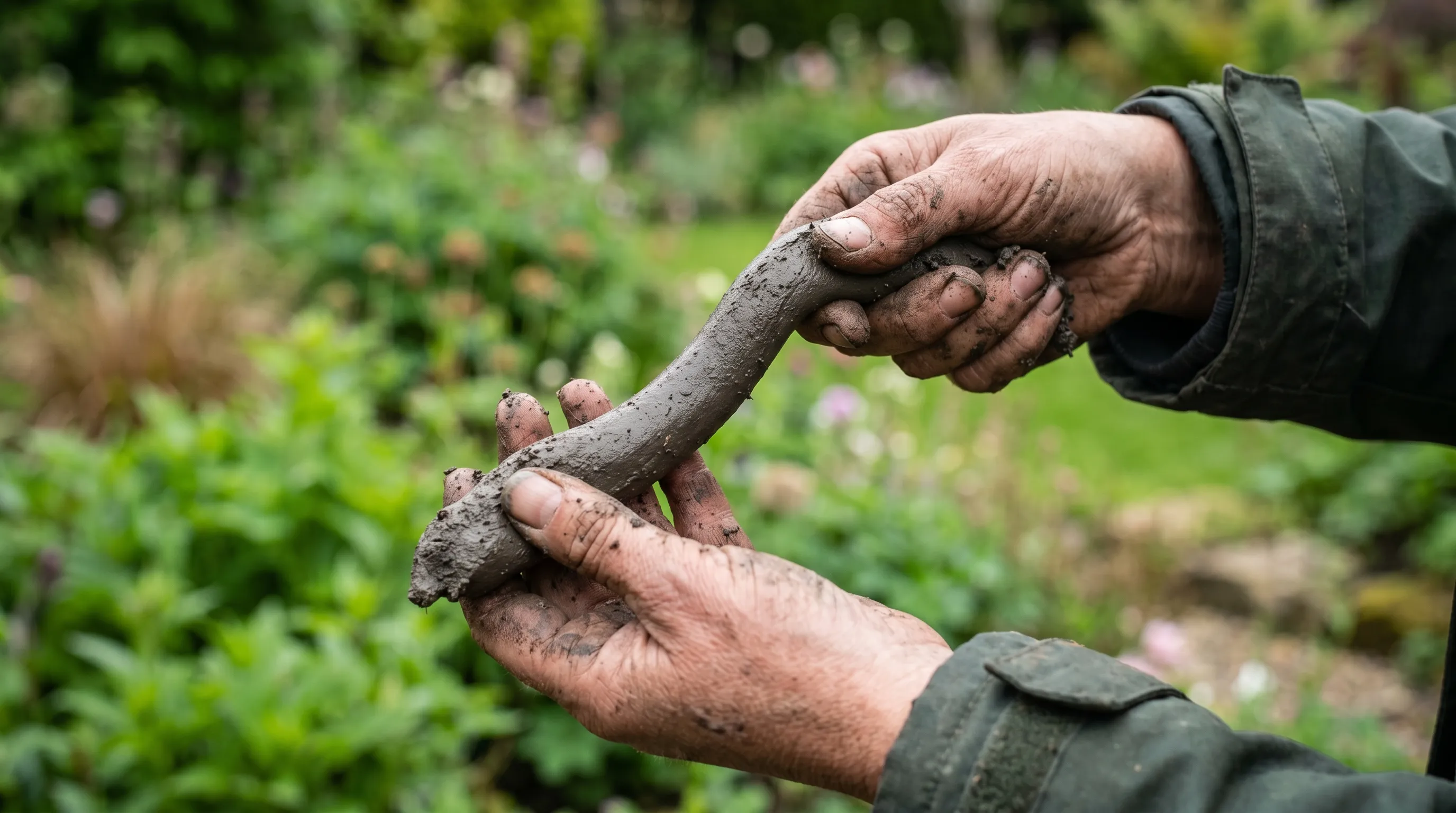 Hand squeezing damp clay soil into a sausage shape during the ribbon test for heavy soil texture