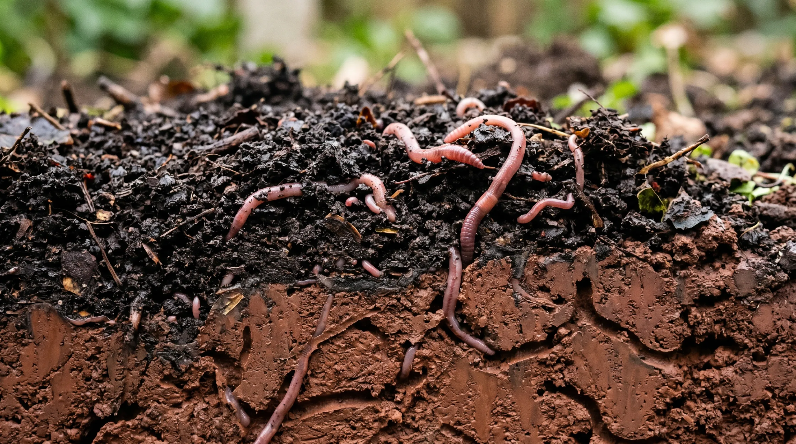 Earthworm activity in clay soil mulch interface showing tunnels and improved structure on UK no-dig bed
