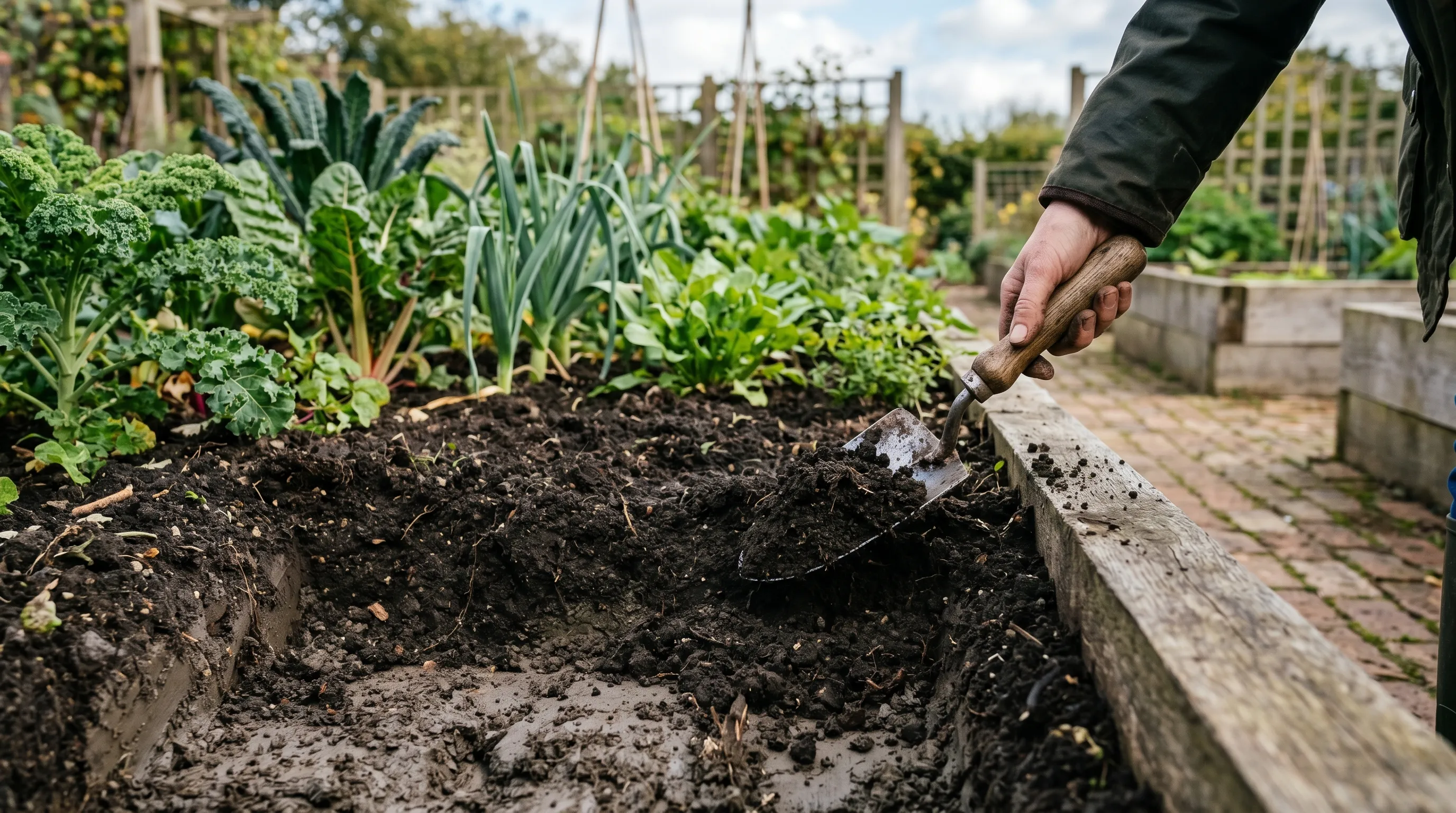 Year-five no-dig clay bed transformed structure showing dark crumbly soil and active root growth in UK garden