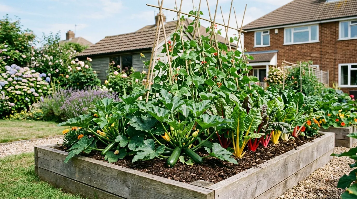 A productive no-dig garden bed in summer with rows of vegetables growing in dark compost