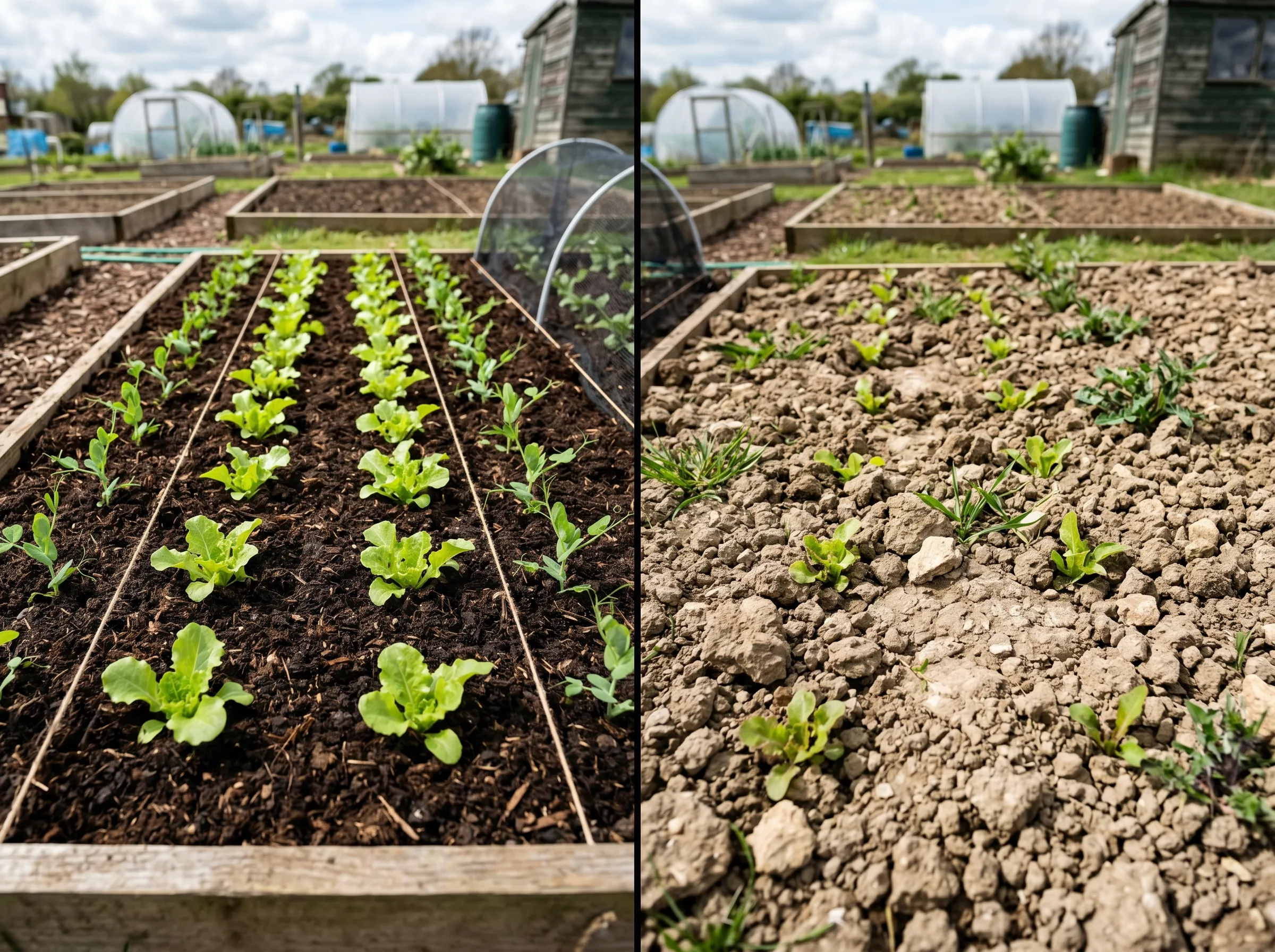 UK no-dig bed in spring showing a dark compost-mulched surface with healthy seedlings emerging through, no soil disturbance visible, contrasting strongly with a dug bed of bare cloddy soil next to it