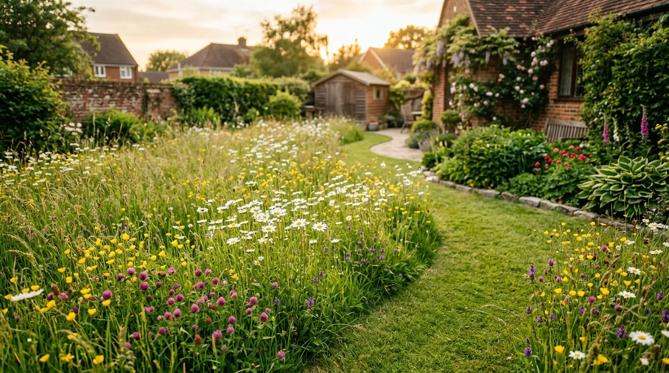 No mow May wildflower lawn in a UK suburban garden with ox-eye daisies buttercups and clover flowering in tall grass