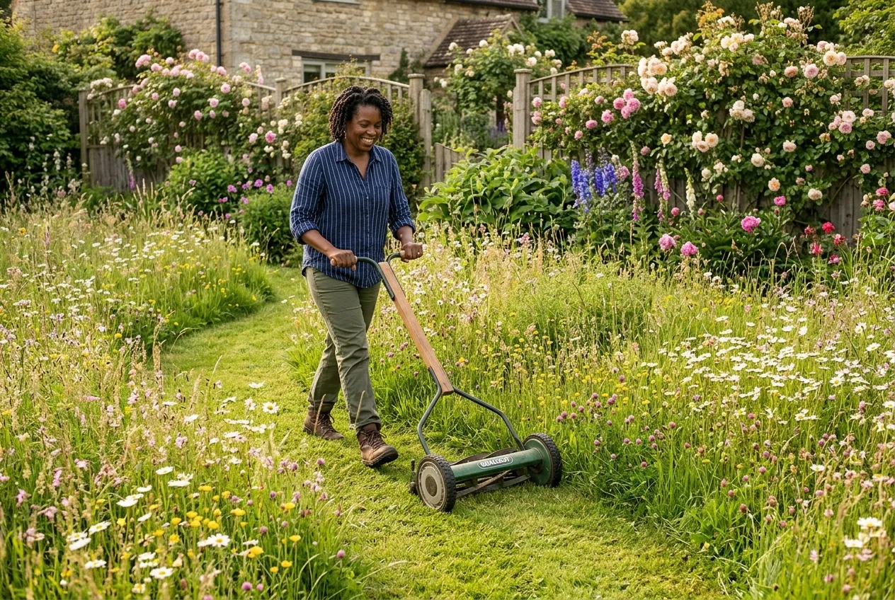 No mow May UK gardener mowing paths through a wildflower meadow area in a suburban garden