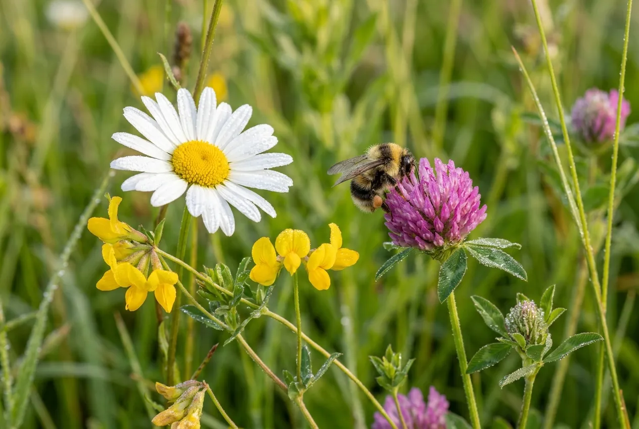 No mow May wildflower species including ox-eye daisies and clover growing in an unmown UK lawn